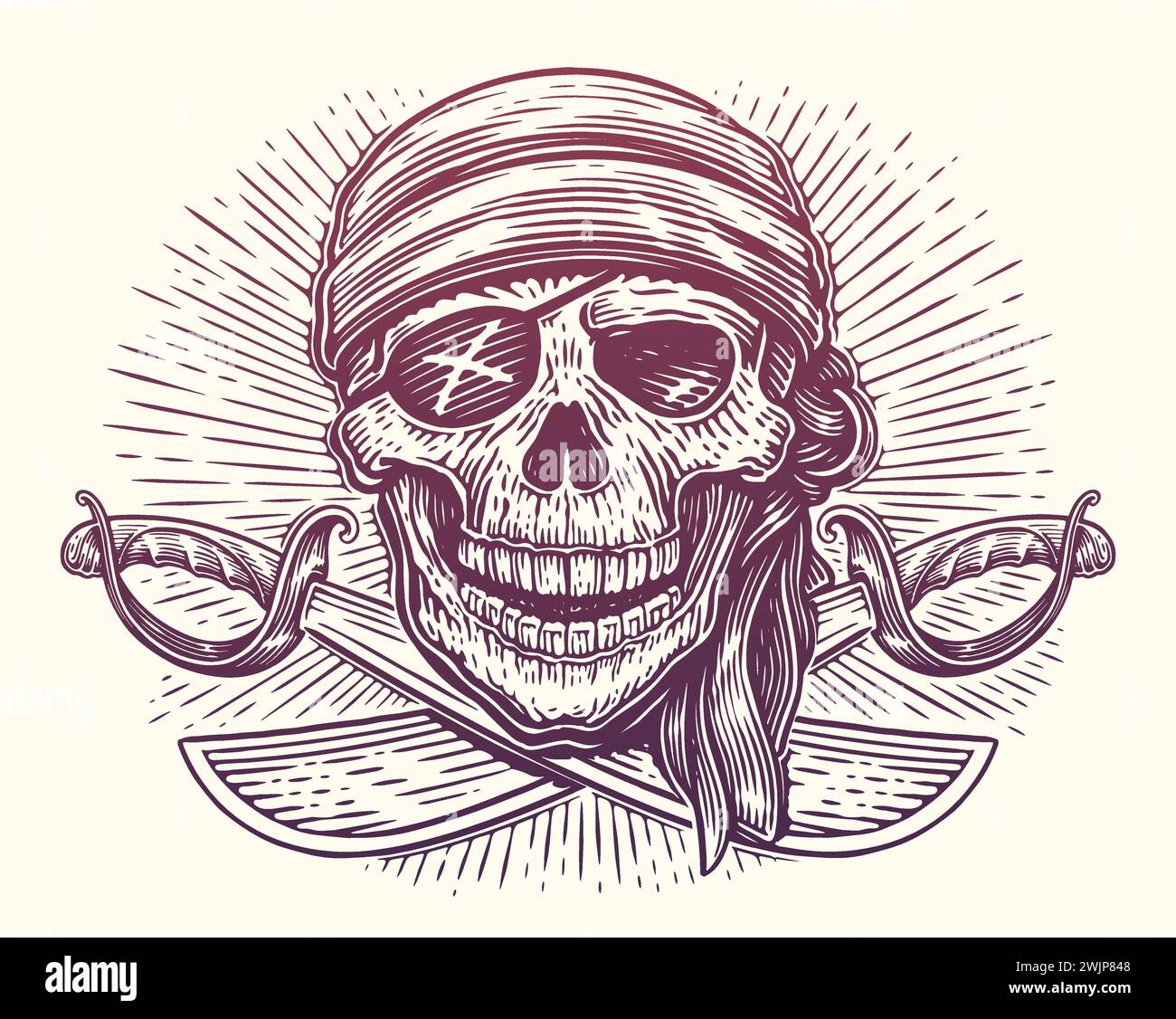 Jolly Roger emblem. Skull and crossed sabers. Hand drawn sketch vintage vector illustration Stock Vector