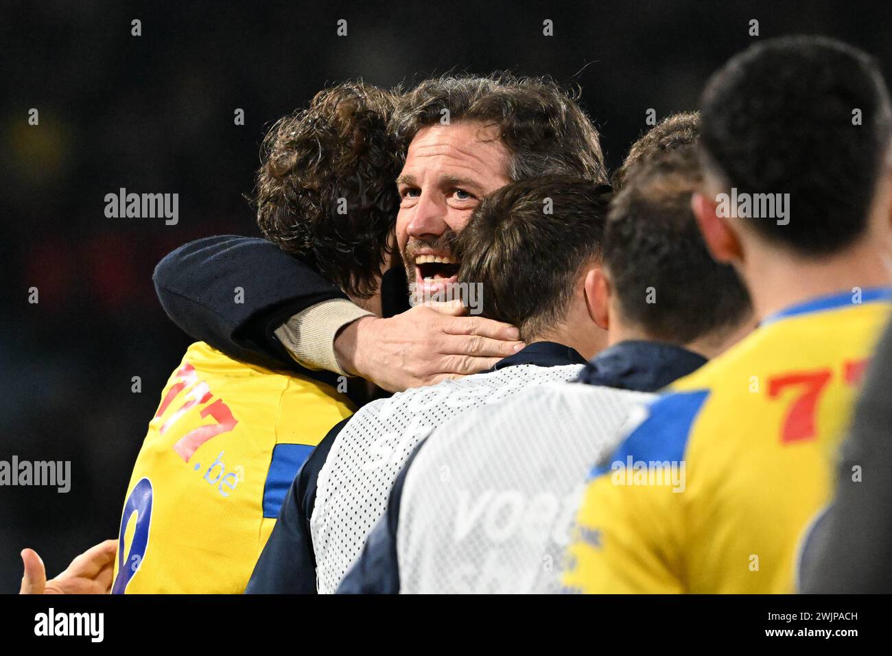 Westerlo, Belgium . 16th Feb, 2024. Rik De Mil, head coach of Westerlo, celebrates after a