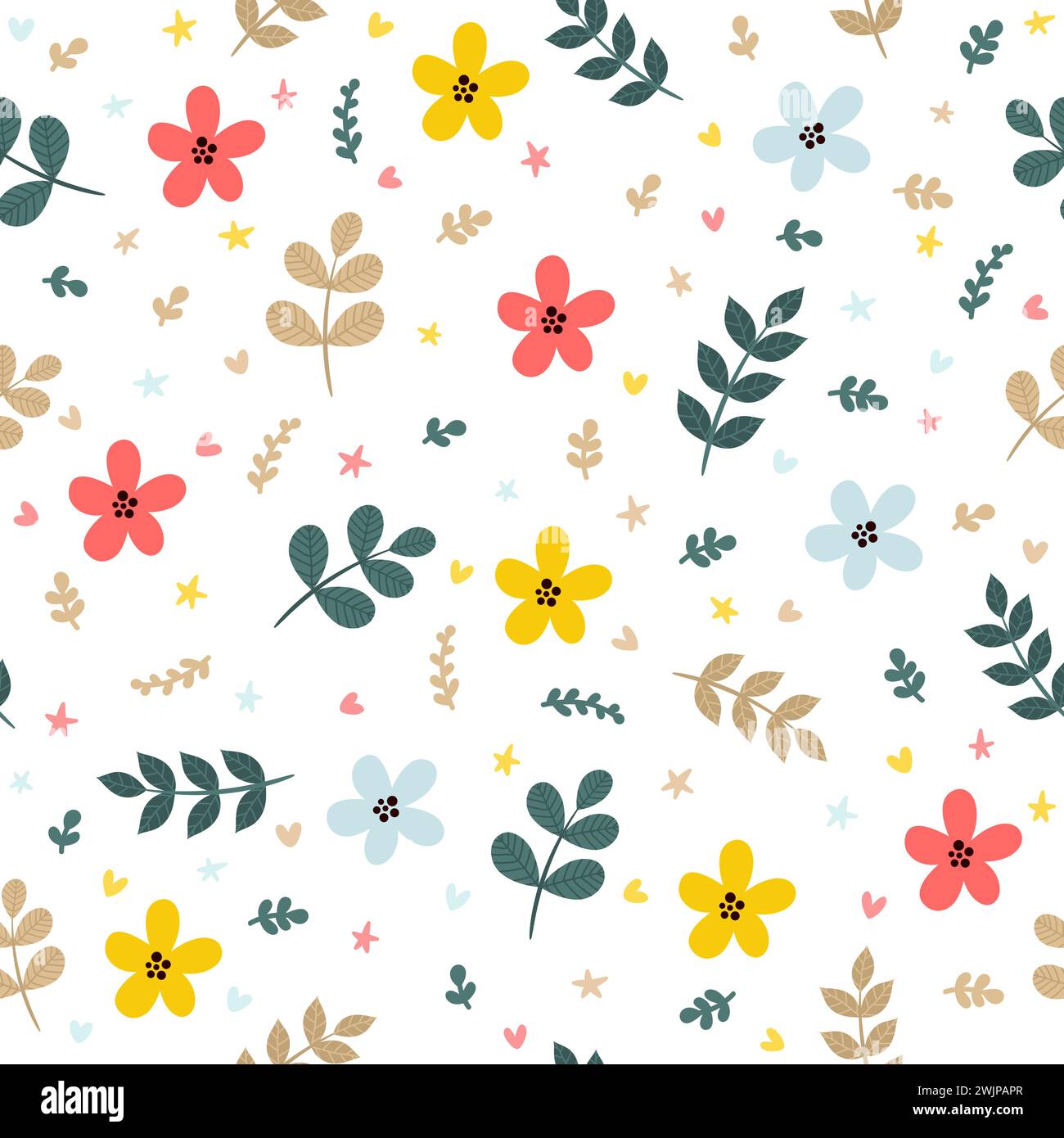 Cute floral seamless pattern with leaves, branches and flowers. Spring ...
