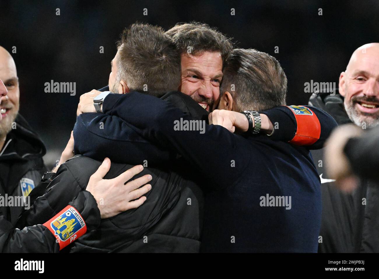 Westerlo, Belgium . 16th Feb, 2024. Rik De Mil, head coach of Westerlo, celebrates after a