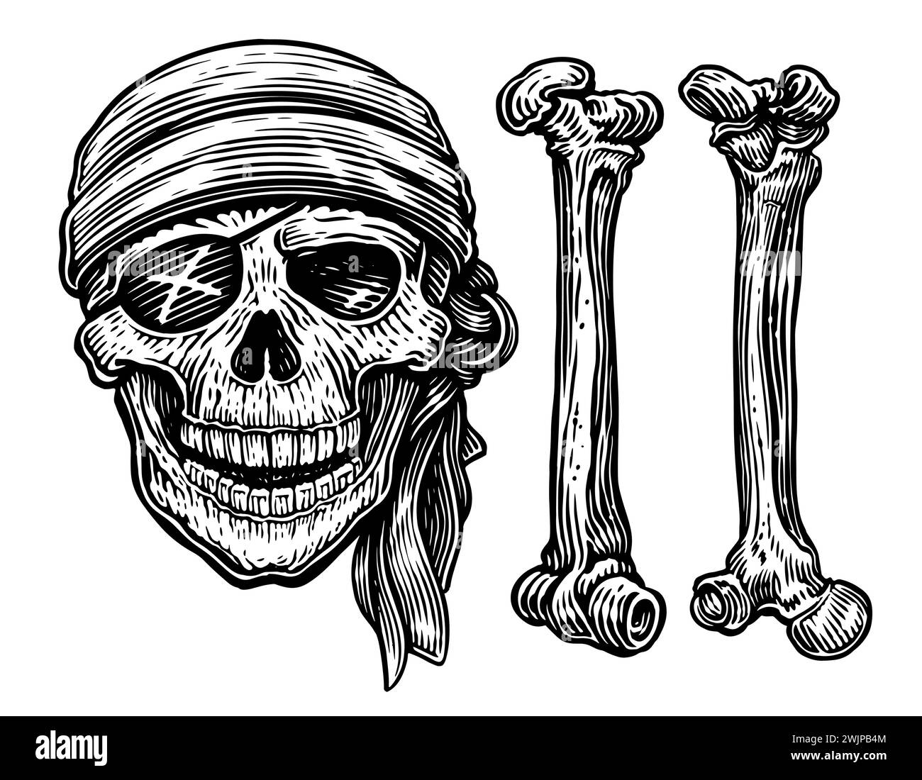 Skull and Bones. Pirate sketch. Hand drawn vintage vector illustration