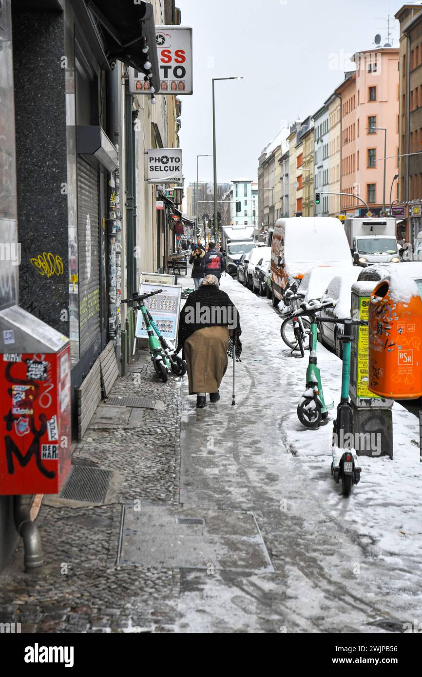 Berlin,Germany.01-15-2024.Streets of Berlin in wintertime with snow Stock Photo