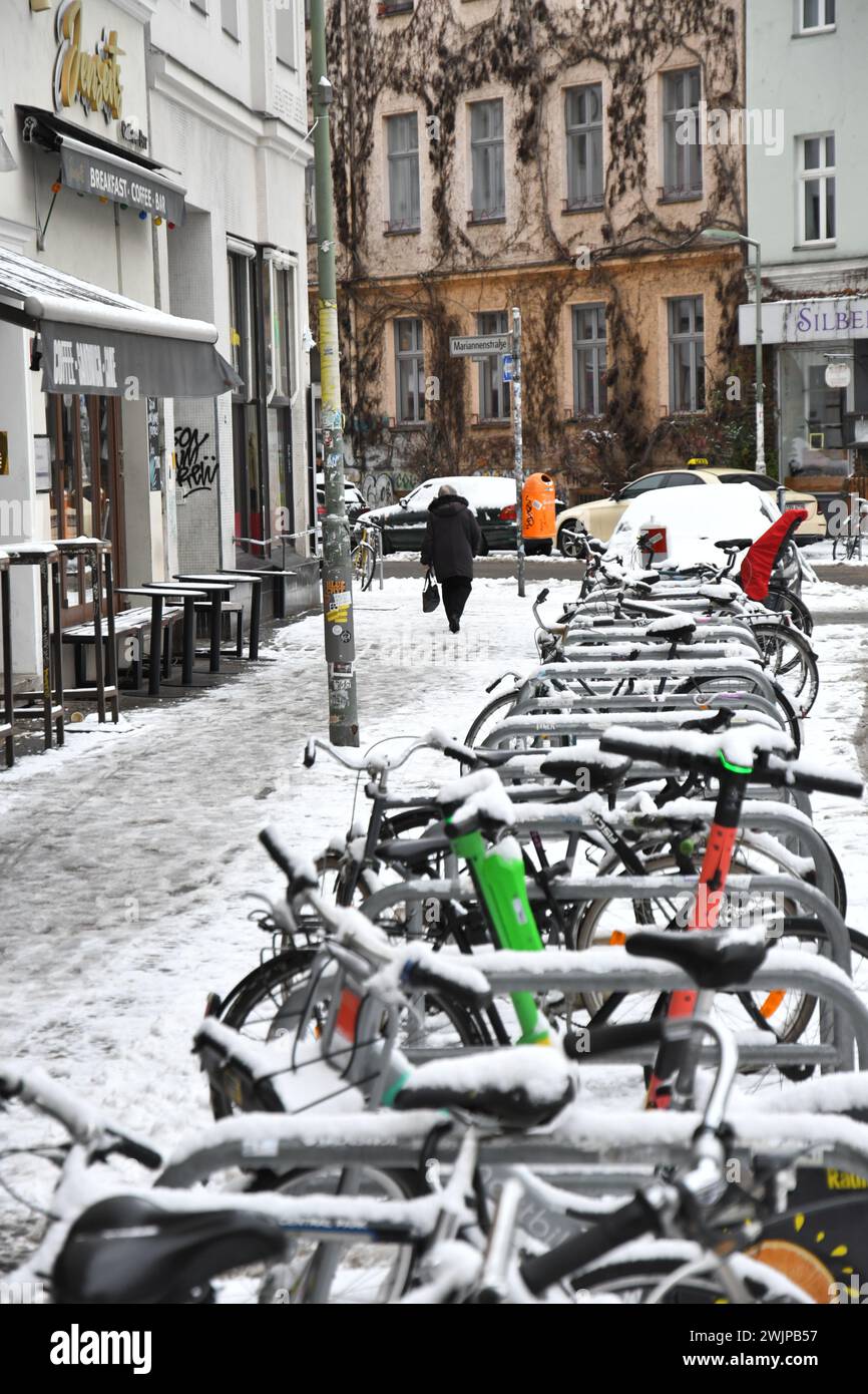 Berlin,Germany.01-15-2024.Streets of Berlin in wintertime with snow Stock Photo