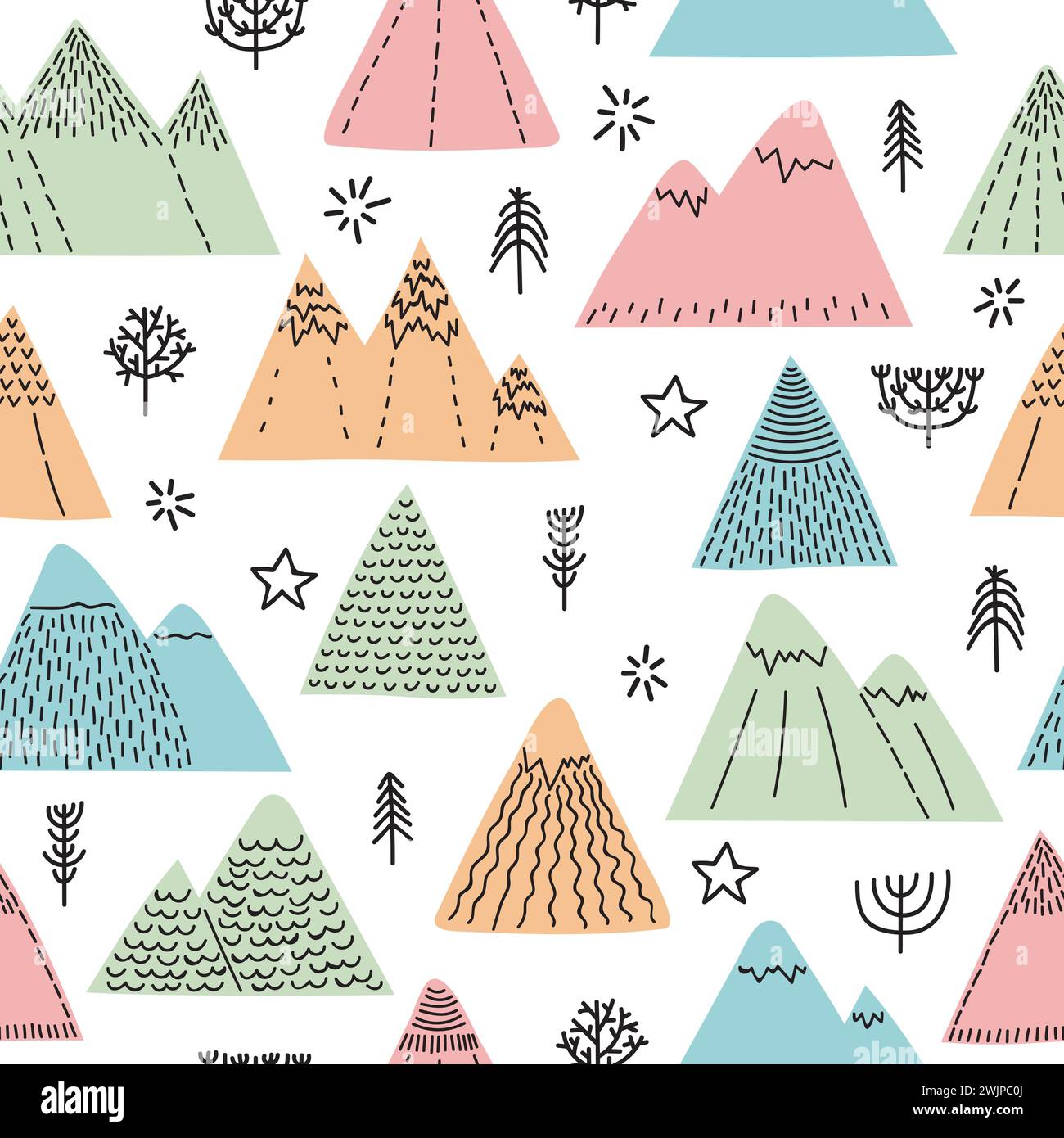 Hand drawn seamless pattern with trees, stars and mountains. Creative ...