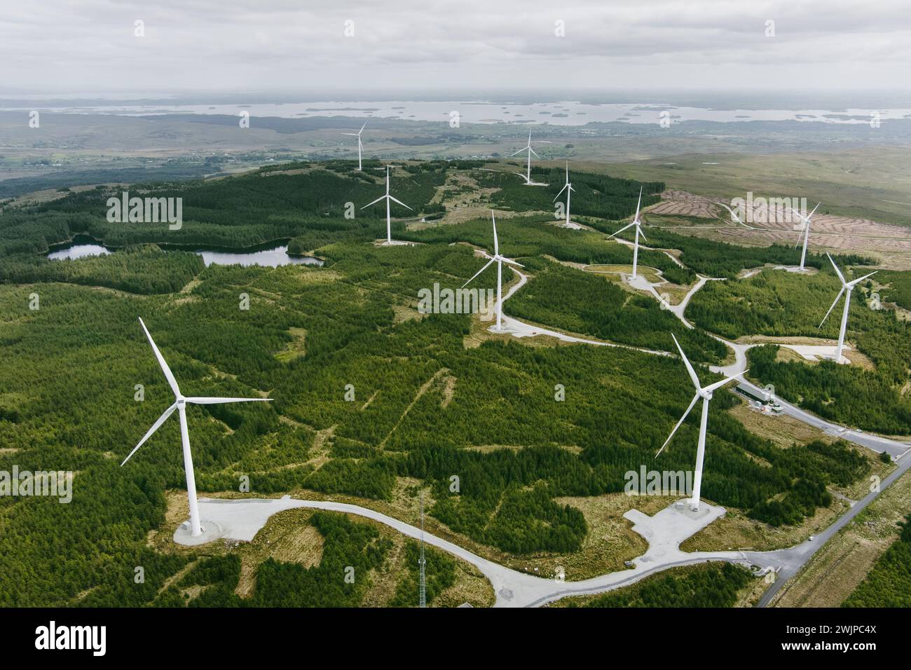 Connemara aerial landscape with wind turbines of Galway Wind Park