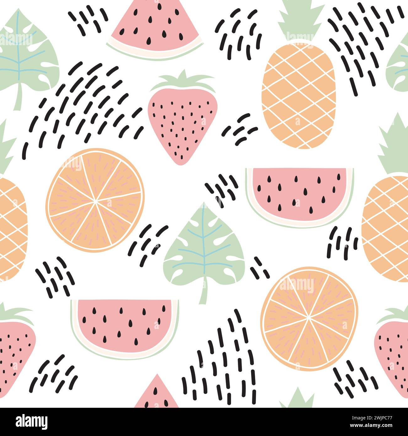 Colorful seamless pattern with tropical fruits and leaves. Cute summer ...