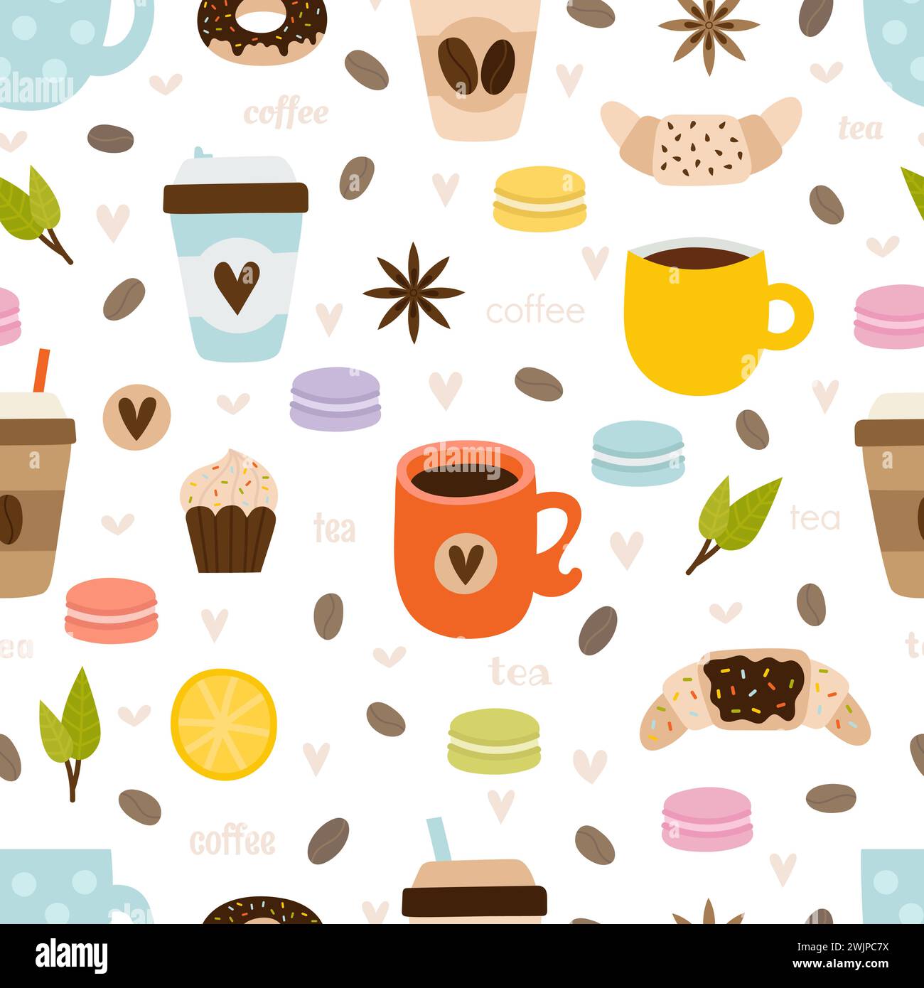 Hand drawn coffee and tea seamless pattern. Set of kitchen tools, symbols, objects and elements. Cute and funny background. Vector illustration Stock Vector