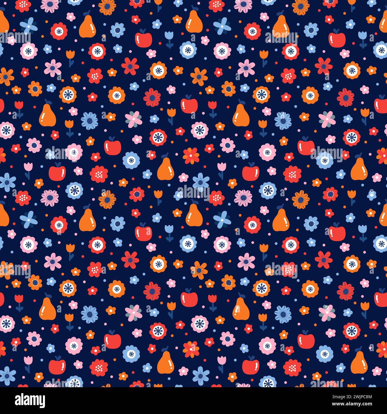 Cute floral seamless pattern with flowers and fruits. Scandinavian ...