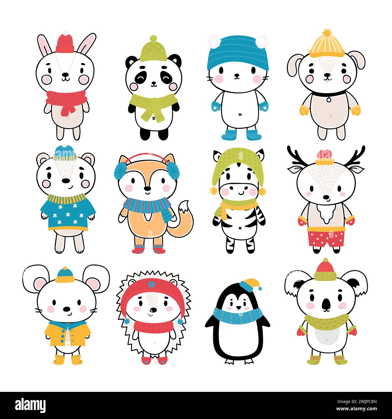Set of cute hand drawn animals at winter clothes. Funny cartoon ...