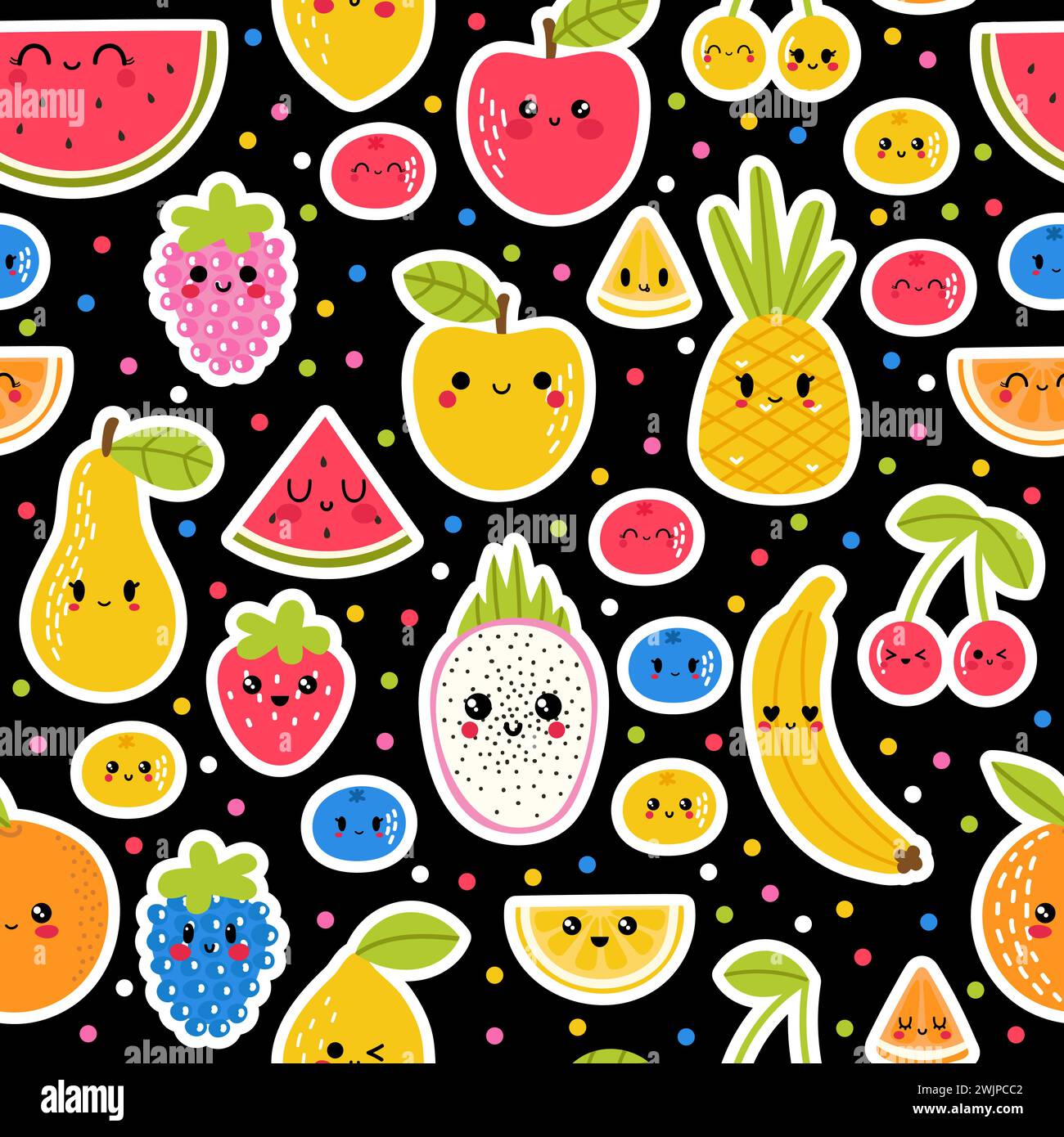 Colorful hand drawn seamless pattern with summer tropical fruit and ...