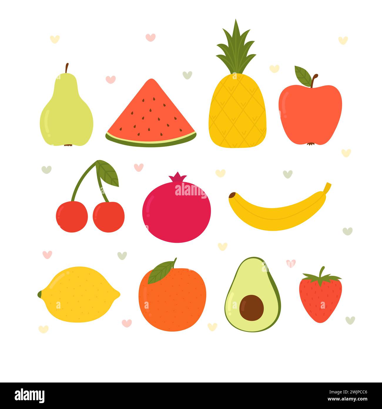 Cute cartoon kawaii fruits. Healthy style collection. Flat style