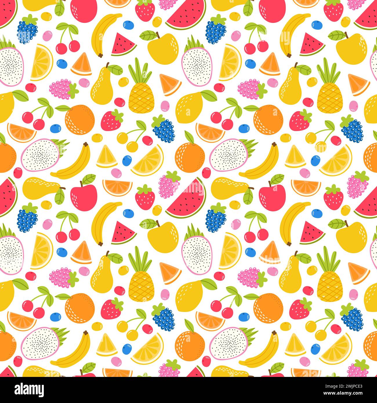 Seamless pattern with hand drawn cartoon fruit. Summer tropical healthy ...