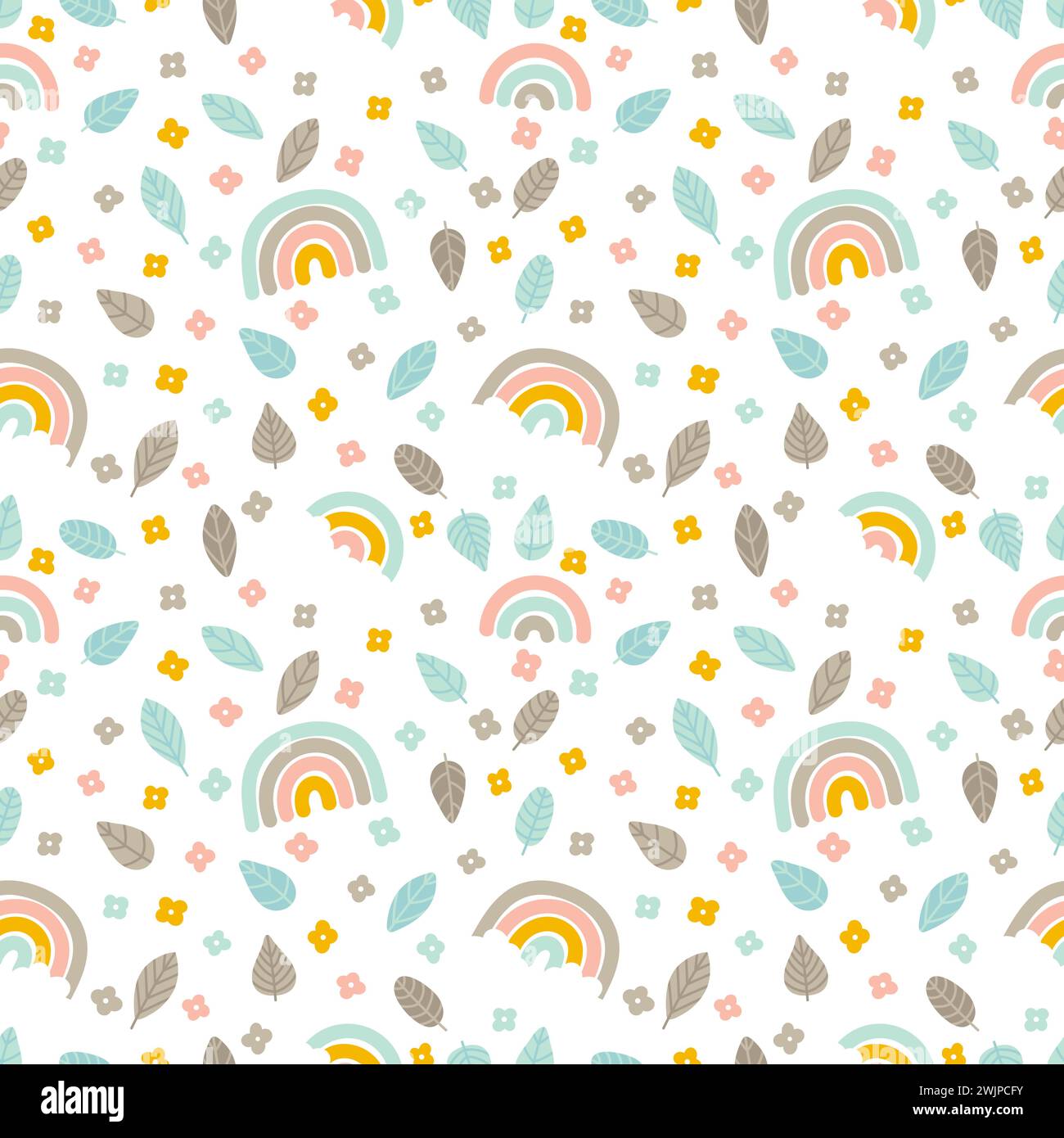 Cute summer seamless pattern with hand drawn elements. Leaves, flowers ...