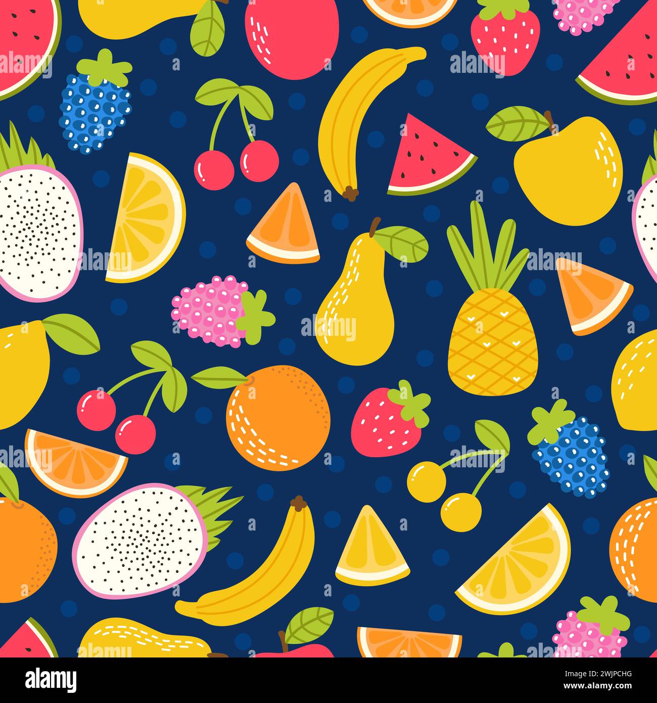 Seamless pattern with hand drawn cartoon fruit. Summer tropical healthy ...