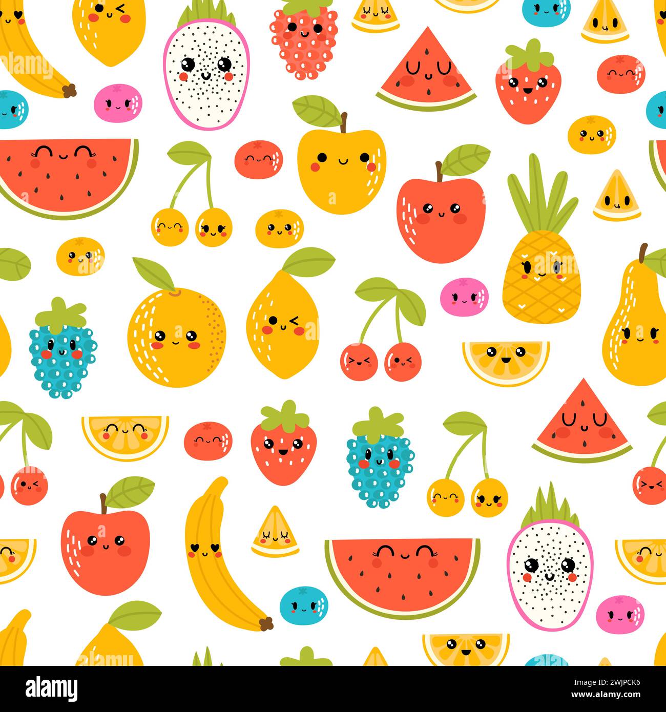 Seamless pattern with funny and happy kawaii fruit. Summer tropical ...