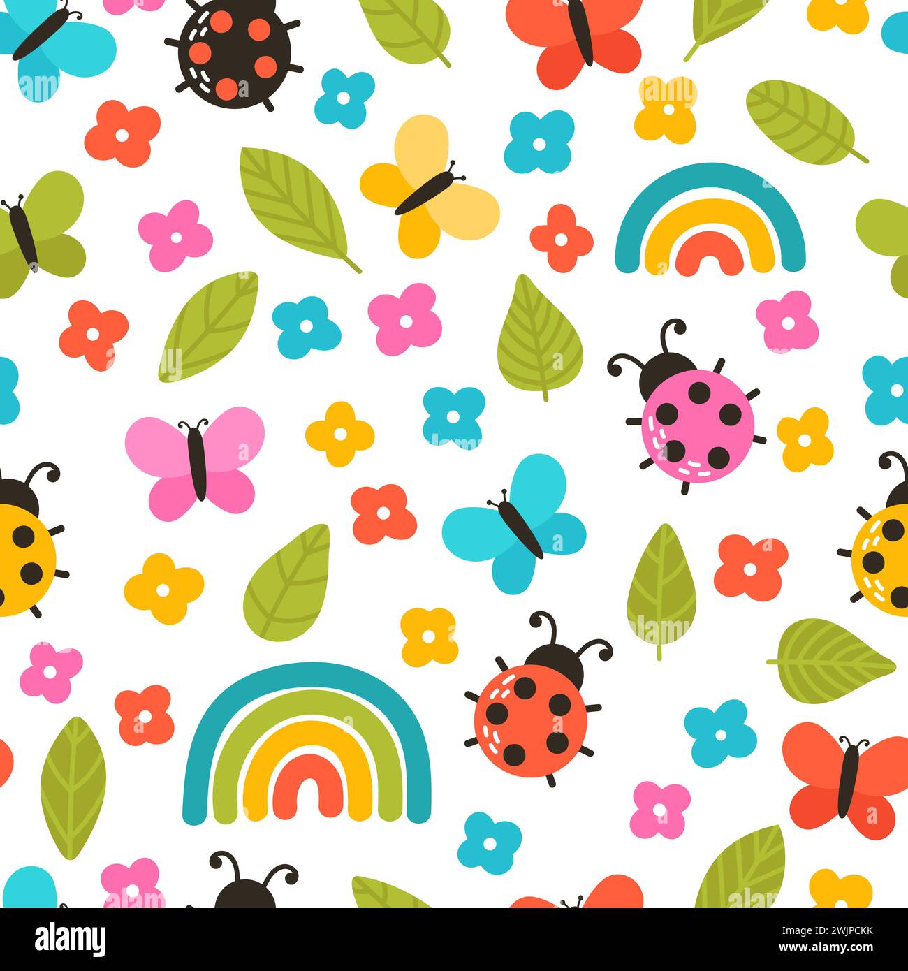 Colorful summer seamless pattern with hand drawn elements. Rainbow, flowers, ladybug. Cute print for fabric, wrapping paper, textile. Vector illustrat Stock Vector