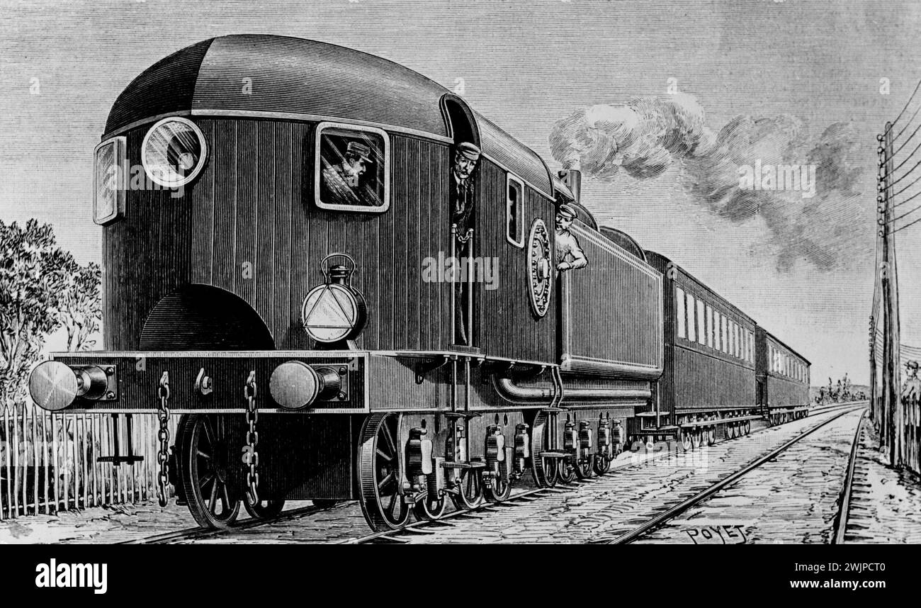 Schoenfeld / Forty Years Ahead of the Times . . . . Flabbergasting -- is the resemblance of this electric-streamlined train of 1893 to the Streamliners of today. It was actually constructed and used in experiments conducted by the French State Railways. Its sleek form testifies to the extraordinary vision of its constructor, Monsieur. J. J. Heilmann, but the Iron Horse Age failed to realize the possibilities. The locomotive had a steam engine which turned a large dynamo generating an electric current which permitted a speed of 60 miles per hour. November 4, 1939. (Photo by Camera features). Stock Photo