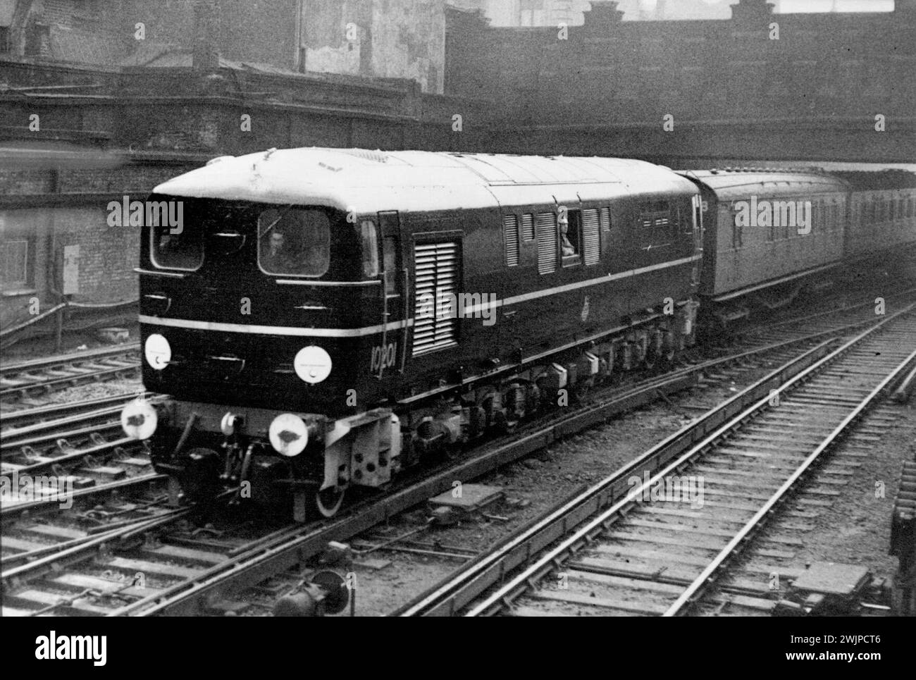 New Diesel Engine For British Railways -- The new Diesel electric locomotive arriving at Victoria Station, London, during a test run. The first of three new express passenger Diesel Electric locomotives, designed and built at the Ashford (Kent) Works of the Southern Region (British Railways), will shortly be in service. The locomotive is equipped with a 1600 h.p. Diesel engine generator and is capable of a speed of 80 miles per hour. It is 64 feet in length and weighs 135 tons. December 29, 1950. (Photo by S&G). Stock Photo