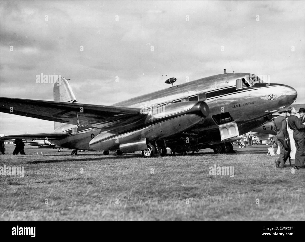 British Aircraft On Show To The World -- The Vickers Armstrong 'Nene Viking' at the exhibition. The annual exhibition of the Society of British Aircraft Constructors, which opened yesterday at Farnborough, Hampshire, introduced some of the latest British aircraft to the public and the world. September 08, 1948. (Photo by Fox Photos). Stock Photo