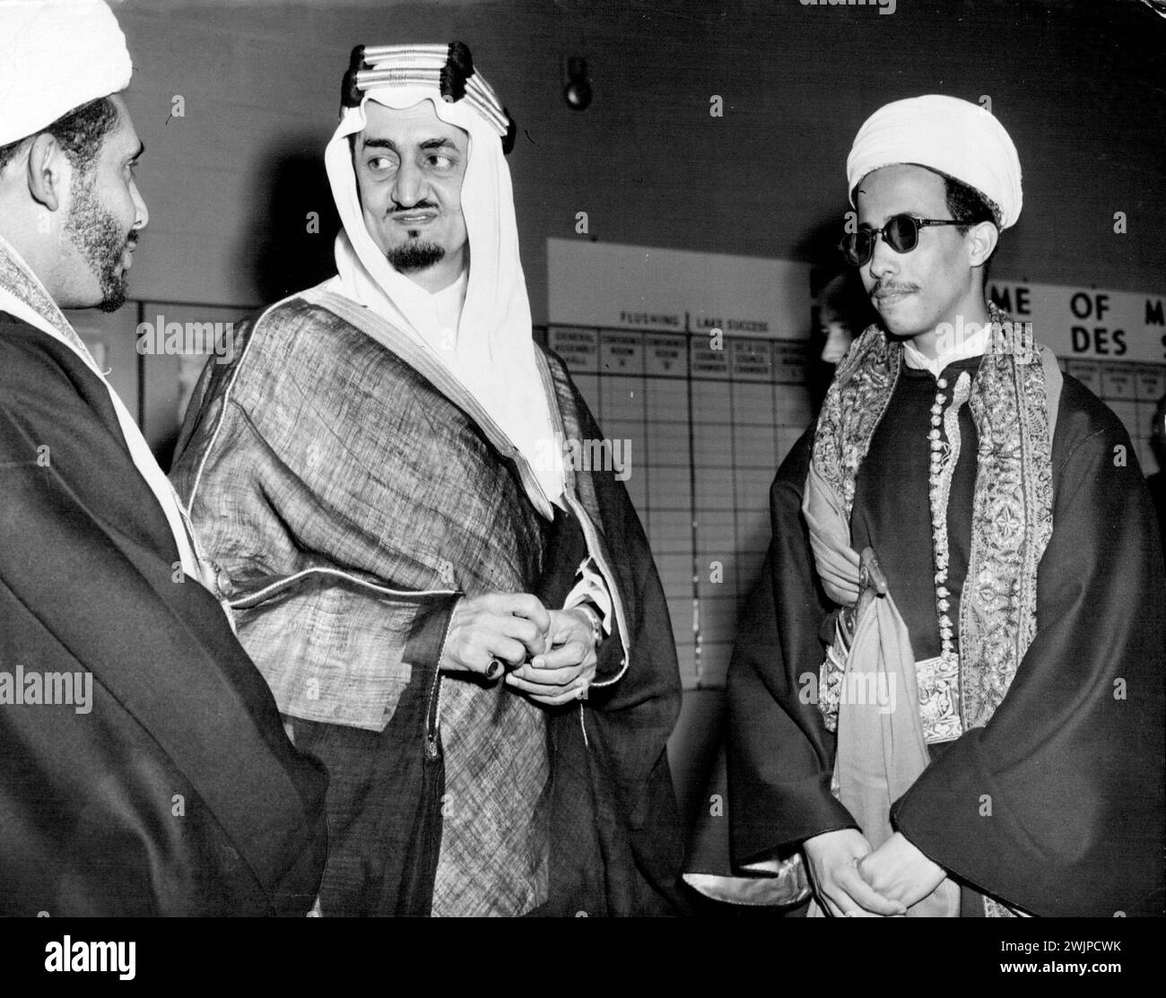 Arab U.N. Delegates Confer on Palestine -- Delegates for two of the Arab League Nations to the United Nations Confer at Flushing Meadow, New York, May 14, During the plenary session held as the British Mandate over Palestine ended. Left to Right are: Sayed Hassan Ibrahim, Yemen's Chief Delegate; Prince Faisal Al-Aaud, Saudi Arabia's Chief Delegate, and Sayed Abdel Rahman Abdel Samad, of Yemen. May 14, 1948. (Photo by Associated Press Photo). Stock Photo
