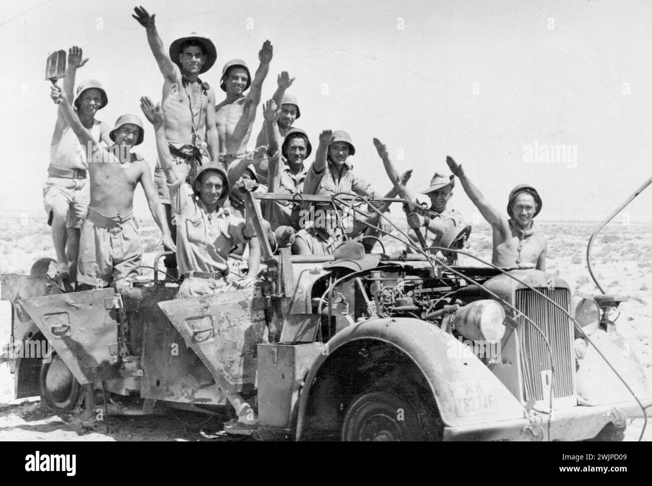 A German Mercedes-Benz 'battle-wagon', relic of a Panzer unit that met the Australians in the Western Desert during a recent engagement. October 5, 1942. (Photo by Department of Information Commonwealth of Australia). Stock Photo