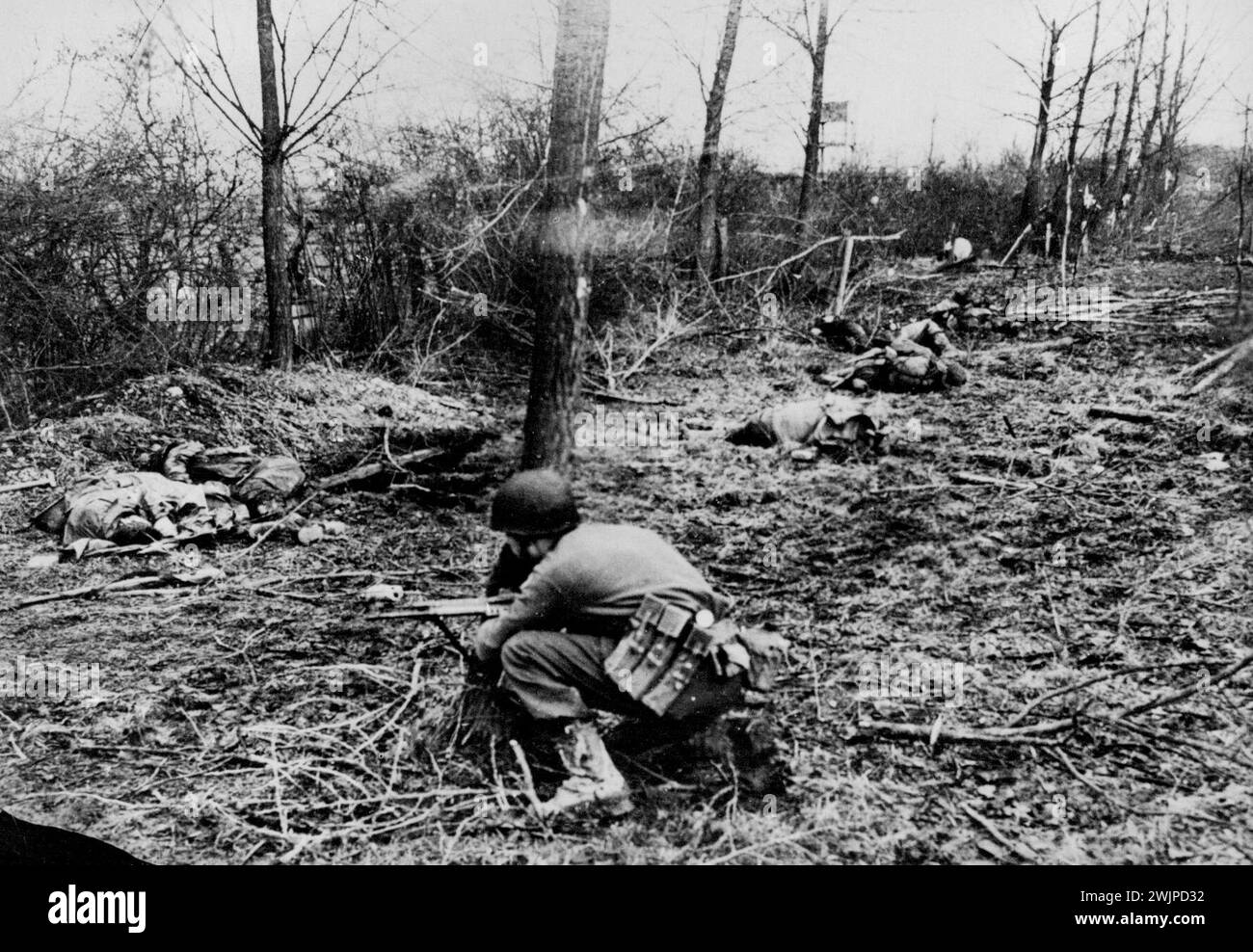 American Dead On Western Europe Battlefront -- U.S. Soldiers killed while fighting inside the Reich lie sprawled behind a hedge. On the extreme left (back ground) is a medical corpsman, who had been moving down the line to give help. A wounded Nazi was seen near him, but when the cameraman reached the spot the America was dead and the German one. February 12, 1945. (Photo by U.S. Office Of War Information Photo). Stock Photo