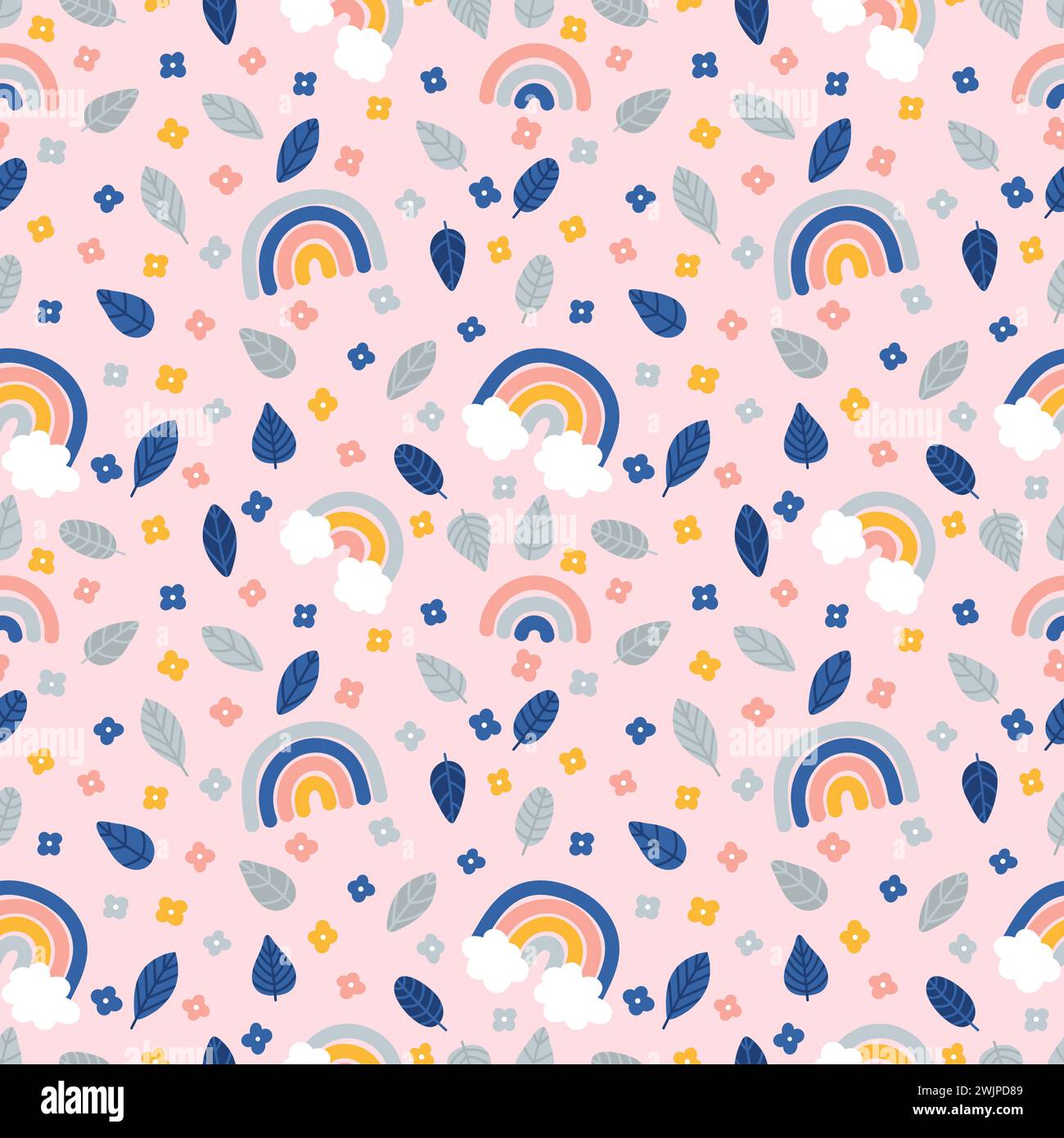 Cute summer seamless pattern with hand drawn elements. Leaves, flowers ...