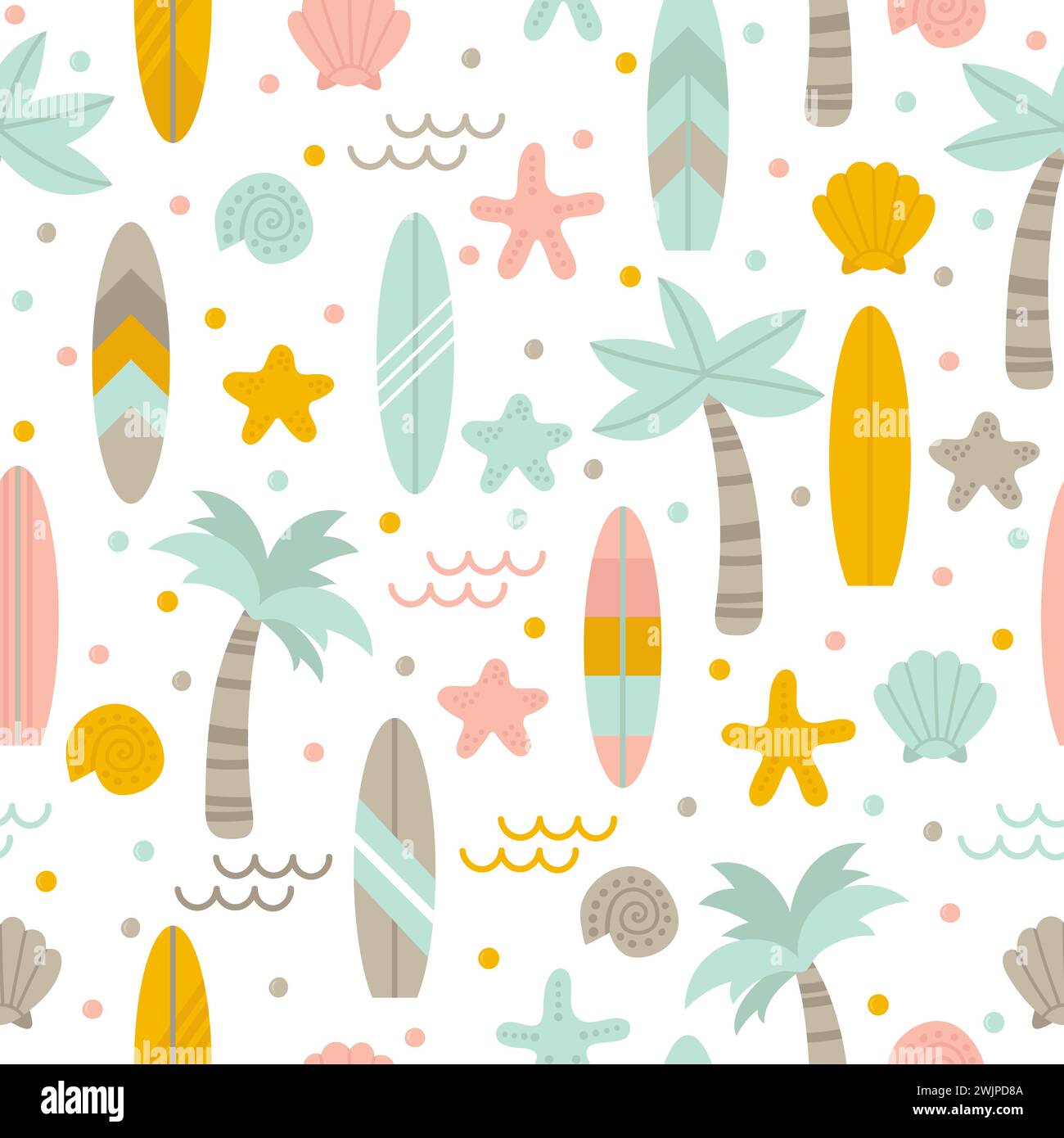 Summer seamless pattern with surfboards, palm trees and shells. Cute ...