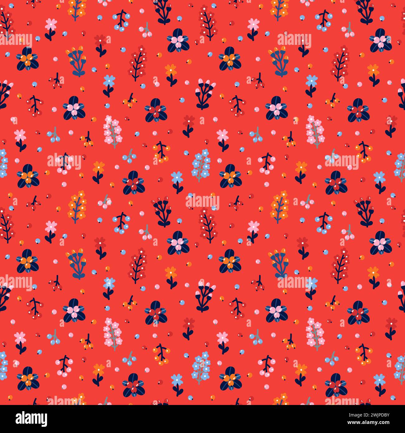 Cute floral seamless pattern with flowers and berries. Folk background ...