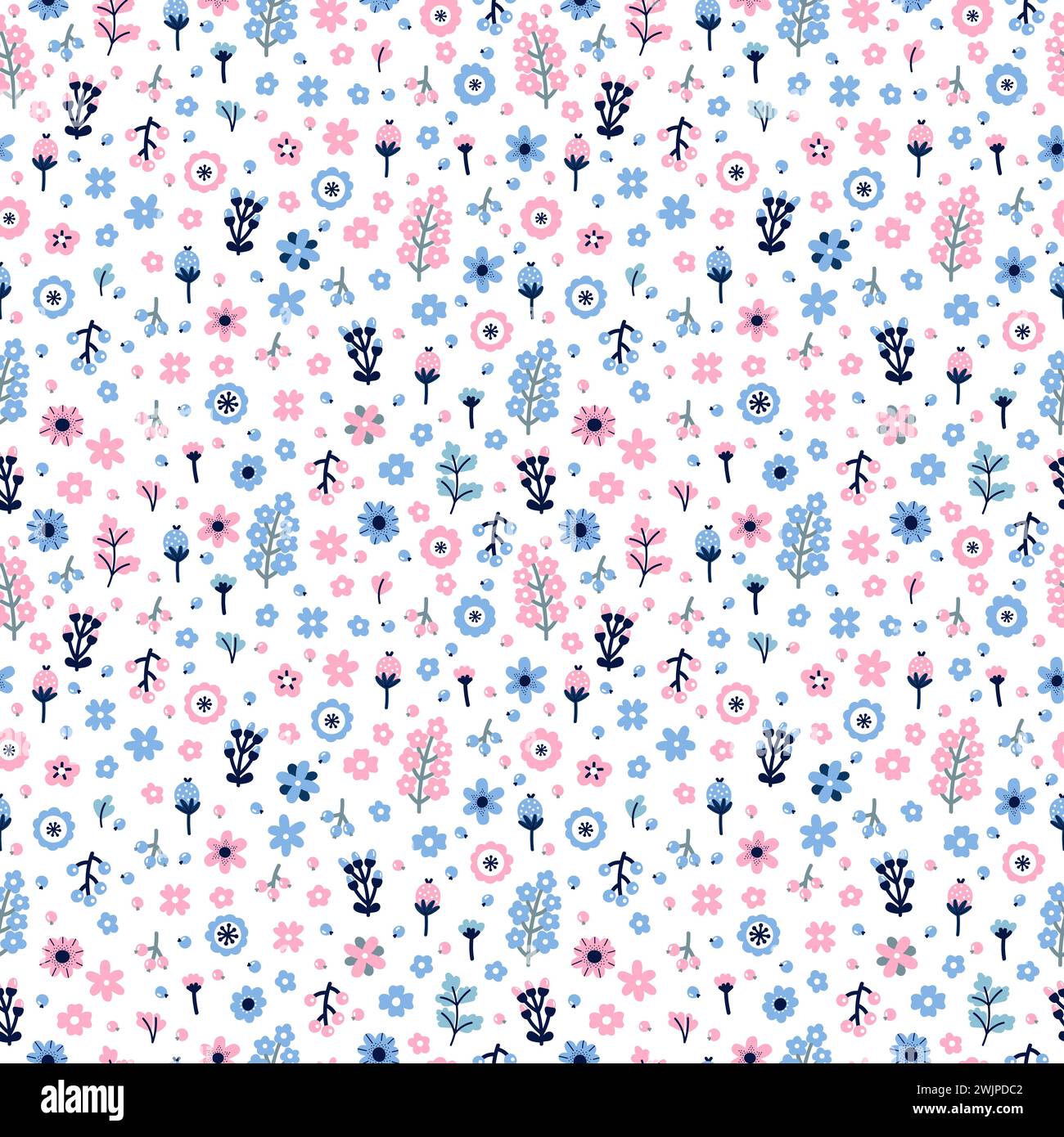 Cute floral seamless pattern with flowers and berries. Scandinavian ...
