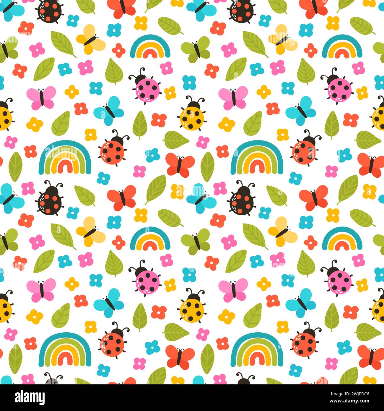 Colorful summer seamless pattern with hand drawn elements. Rainbow, flowers, ladybug. Cute print for fabric, textile, wrapping paper. Vector illustrat Stock Vector
