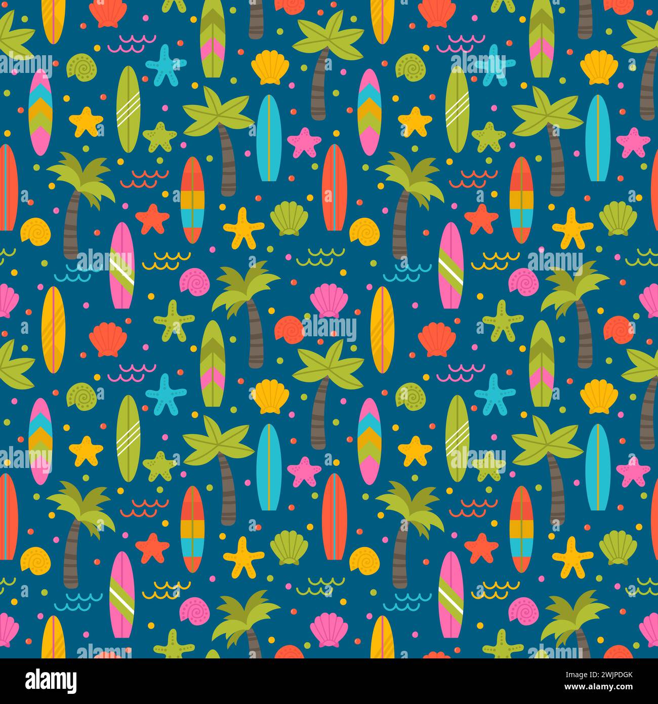 Summer seamless pattern with surfboards, palm trees and shells. Cute ...