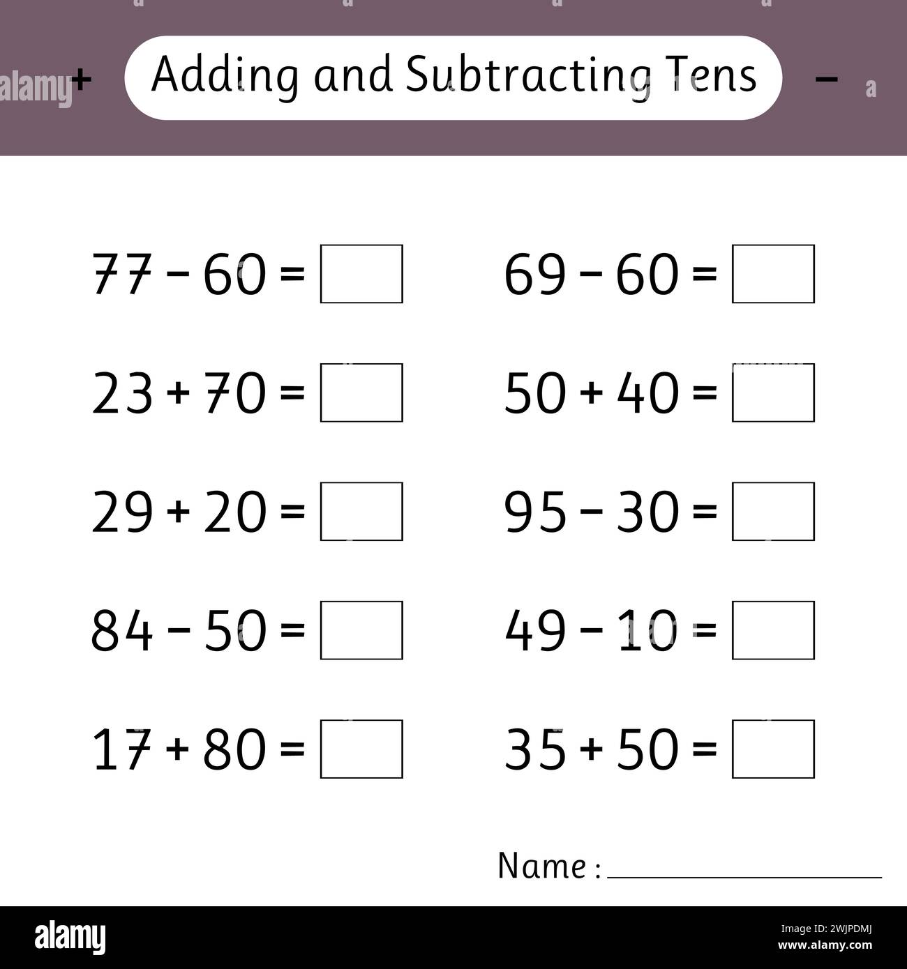 Adding and Subtracting Tens. Mathematics. Math worksheets for kids. School education. Development of logical thinking. Vector illustration Stock Vector
