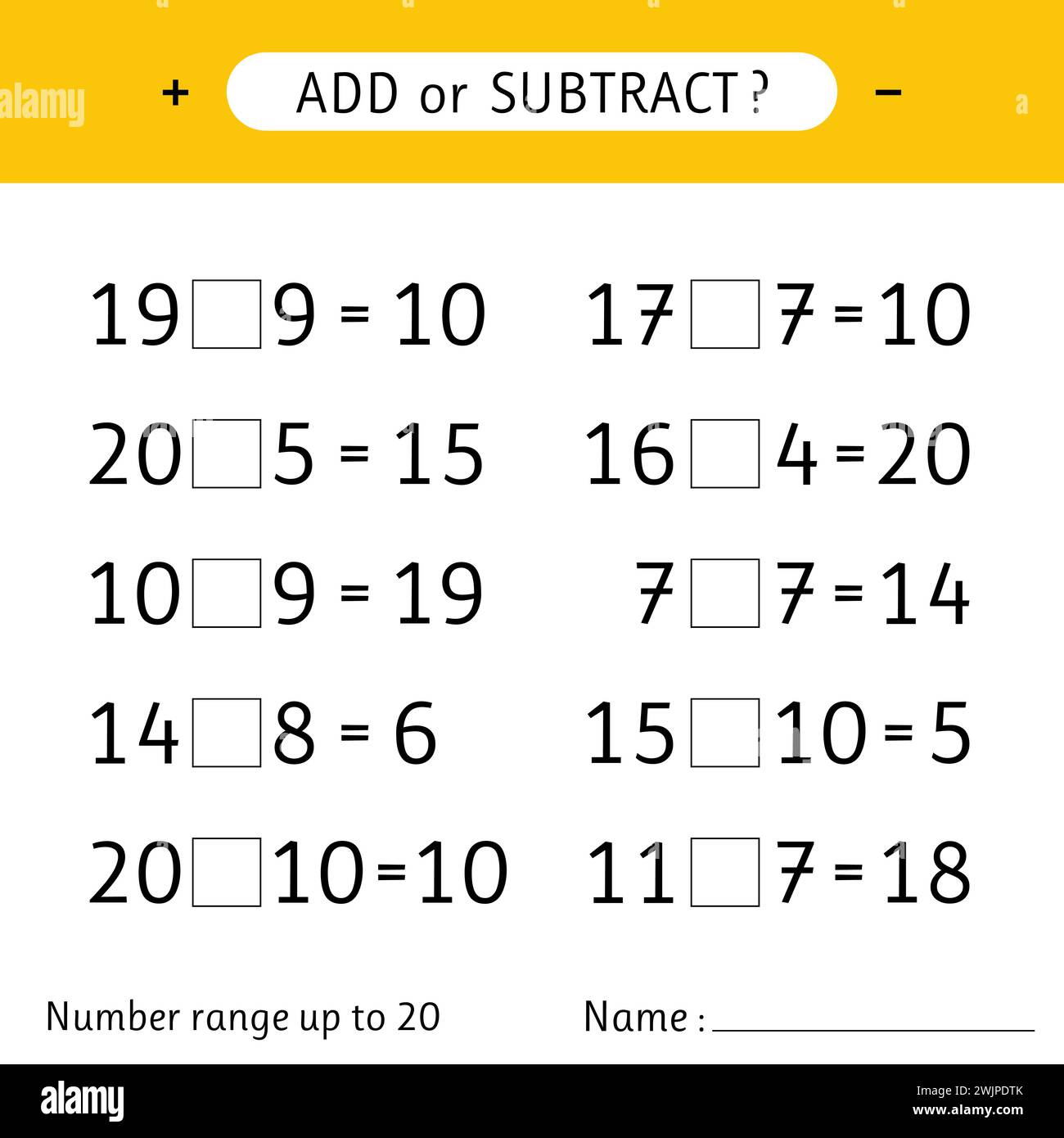 Add or subtract. Number range up to 20. Worksheets for kids. Addition