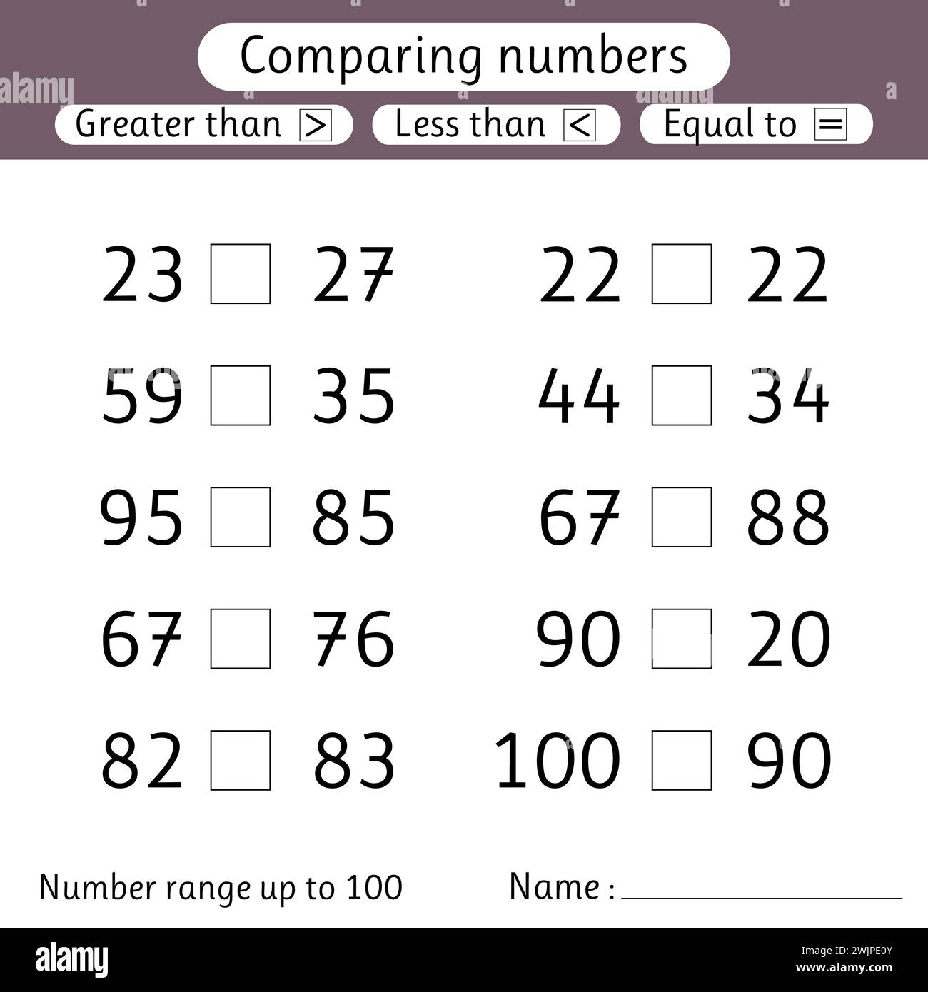 Comparing numbers. Less than, greater than, equal to. Number range up ...