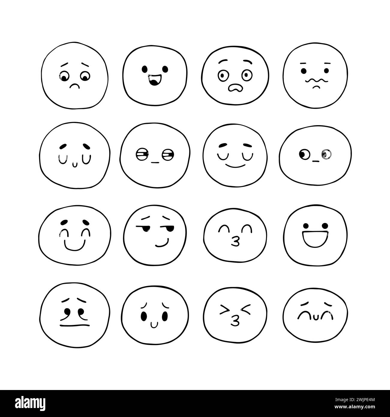 Hand drawn funny smiley faces. Sketched facial expressions set. Kawaii style. Collection of cartoon emotional characters. Emoji icons. Vector illustra Stock Vector