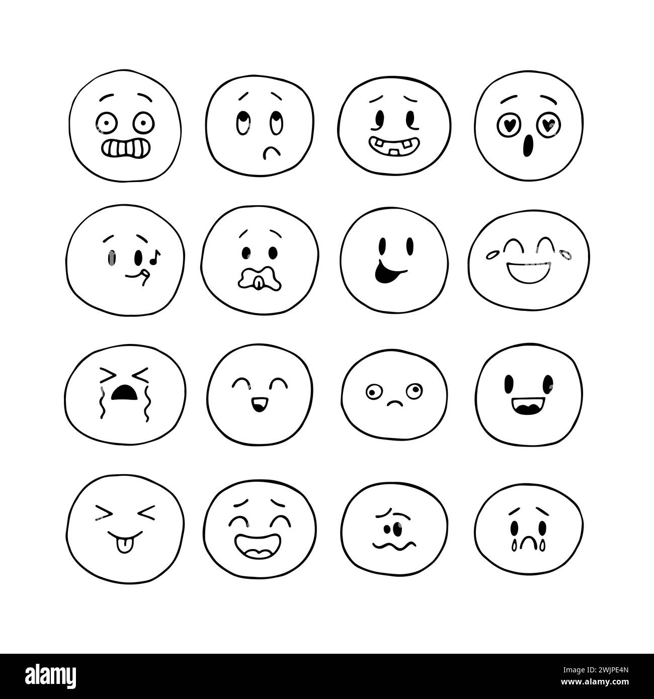 Hand drawn funny smiley faces. Emoji icons. Sketched facial expressions set. Kawaii style. Collection of cartoon emotional characters. Vector illustra Stock Vector