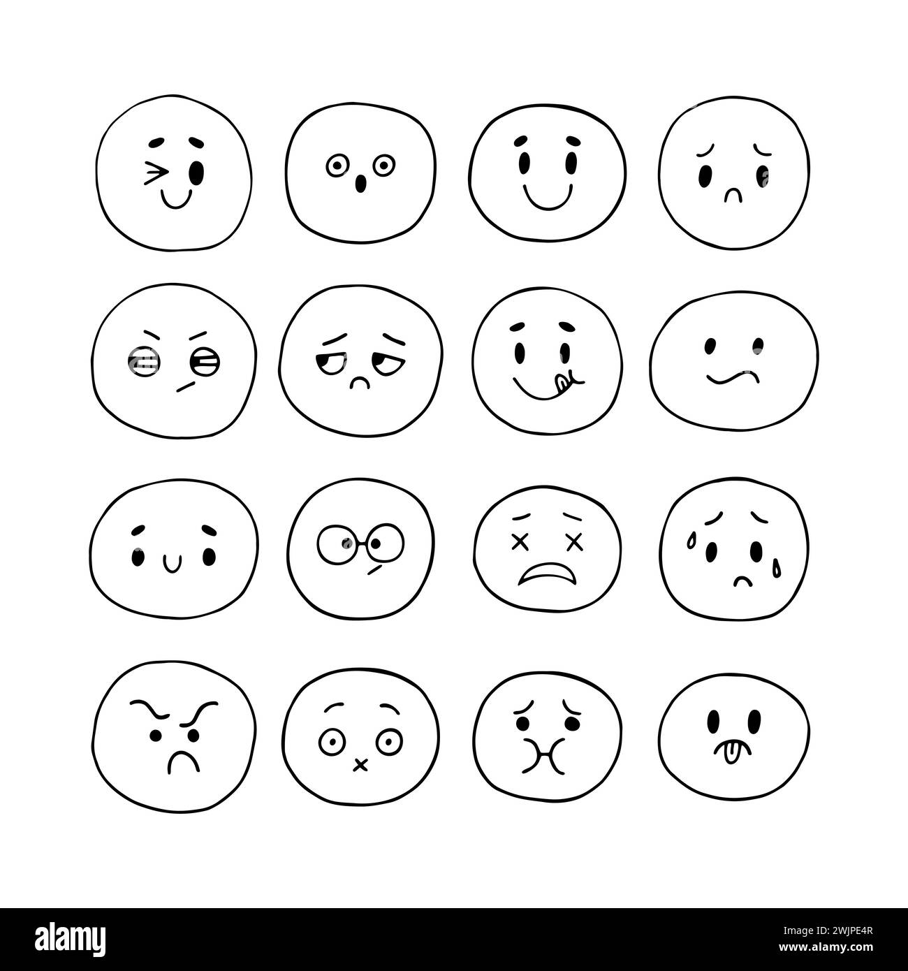 Happy hand drawn funny smiley faces. Emoji icons. Sketched facial