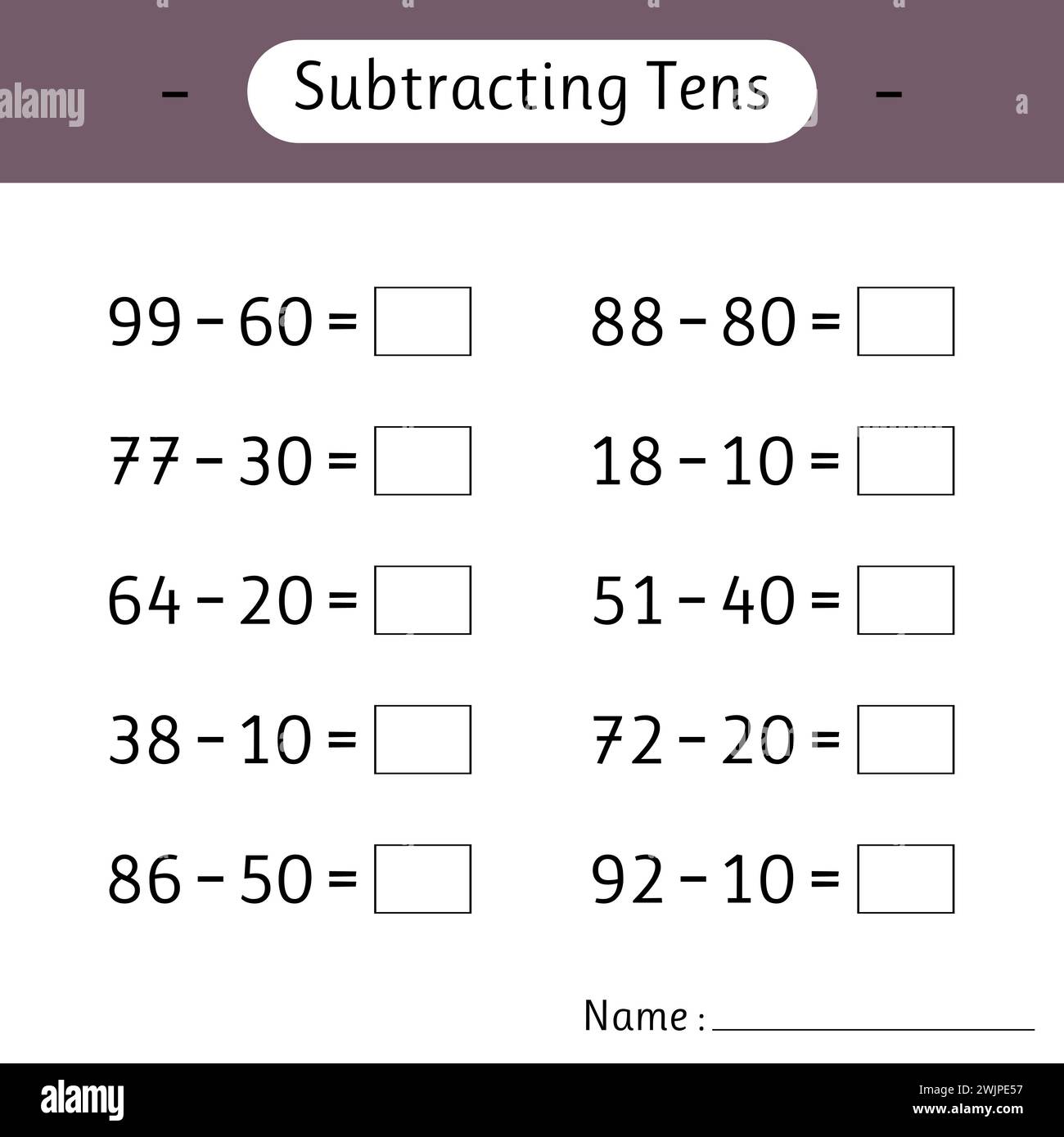 Subtracting Tens. Math worksheets for kids. Mathematics. School education. Development of logical thinking. Vector illustration Stock Vector