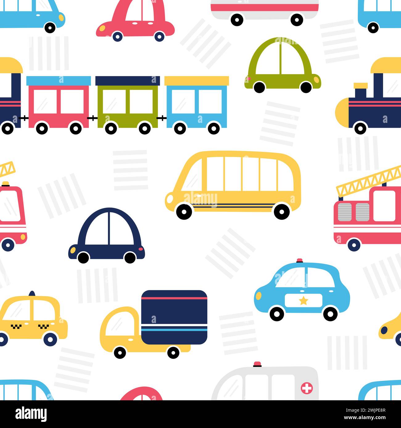 Funny seamless pattern with city transport. Cute cartoon background for kids. Nursery style. Vector illustration Stock Vector