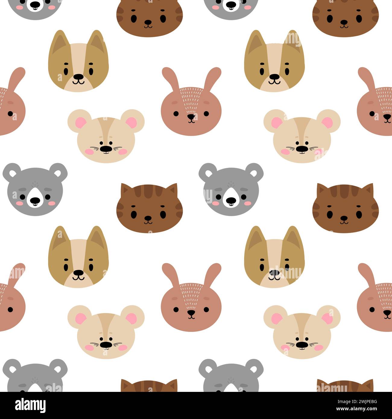 Childish seamless pattern with cute smiley animals. Creative baby texture for nursery, fabric, textile, clothes. White background. Vector illustration Stock Vector