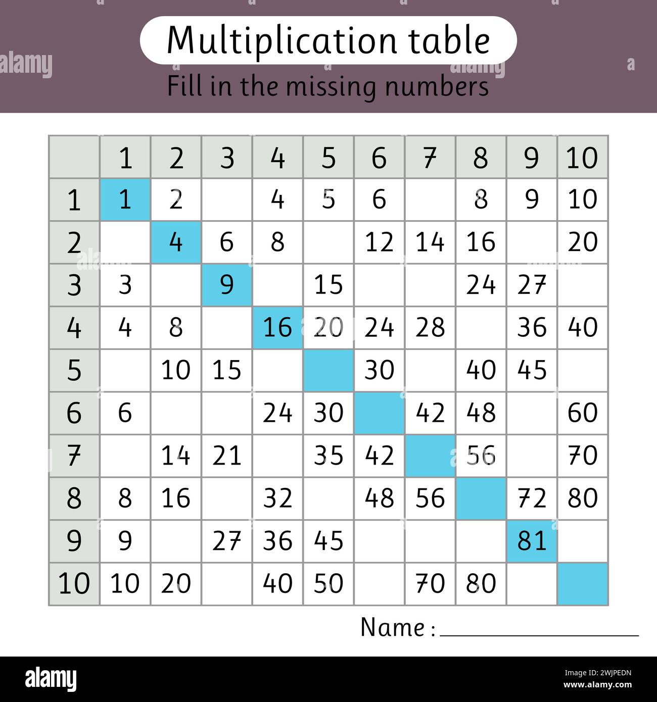 Multiplication table. Fill in the missing numbers. Math. Worksheets for kids. Vector illustration Stock Vector