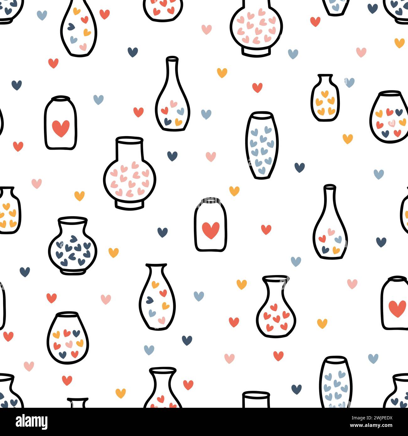 Hand drawn seamless pattern with vases and hearts. Scandinavian design. Sketch style. Bottles, pots. Vector illustration Stock Vector