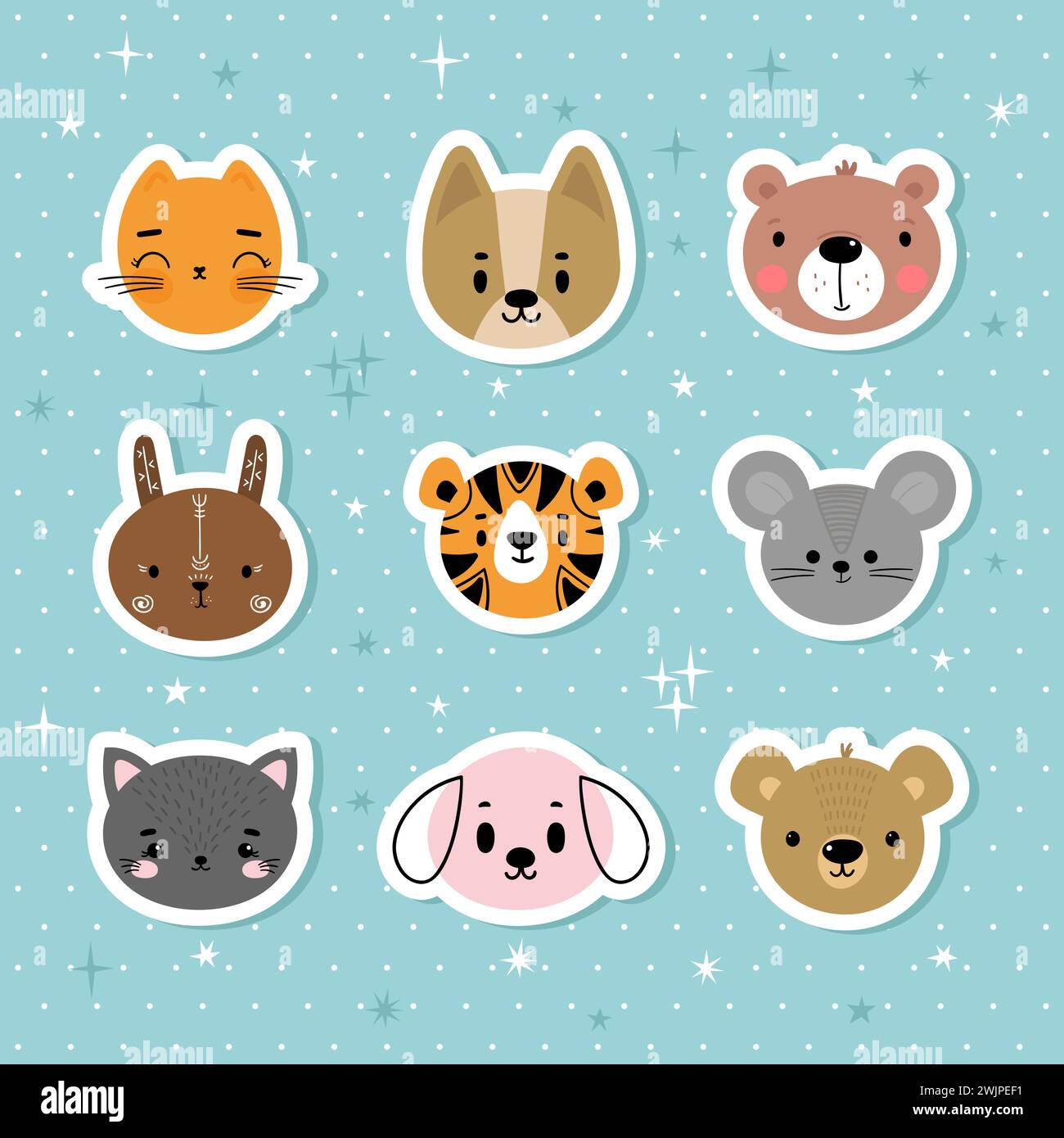 Set of cartoon stickers with animals for kids. Sweet smiley faces. Cute ...