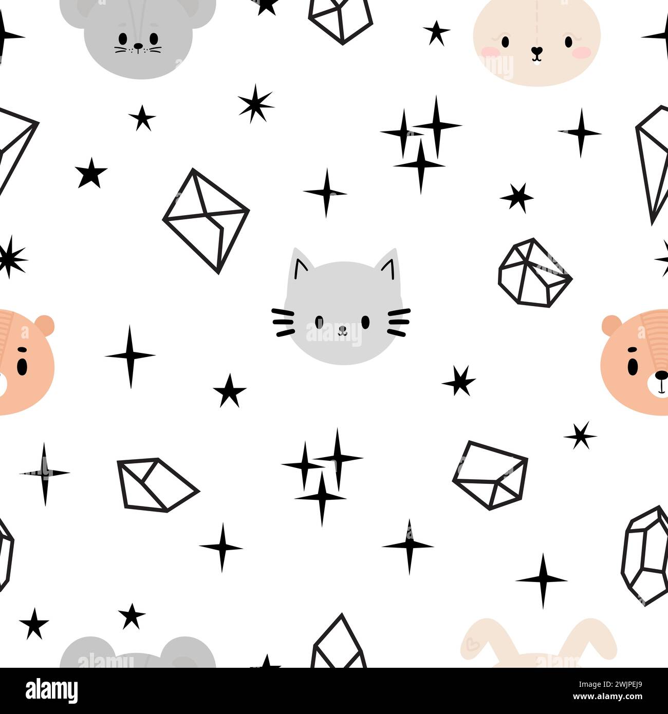 Scandinavian seamless pattern with cute animals. Creative baby texture for nursery, fabric, textile, clothes. White background. Vector illustration Stock Vector