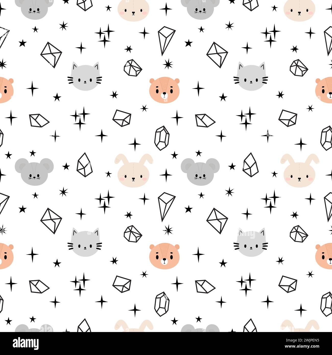 Scandinavian seamless pattern with cute animals. White background. Creative baby texture for nursery, fabric, textile, clothes. Vector illustration Stock Vector