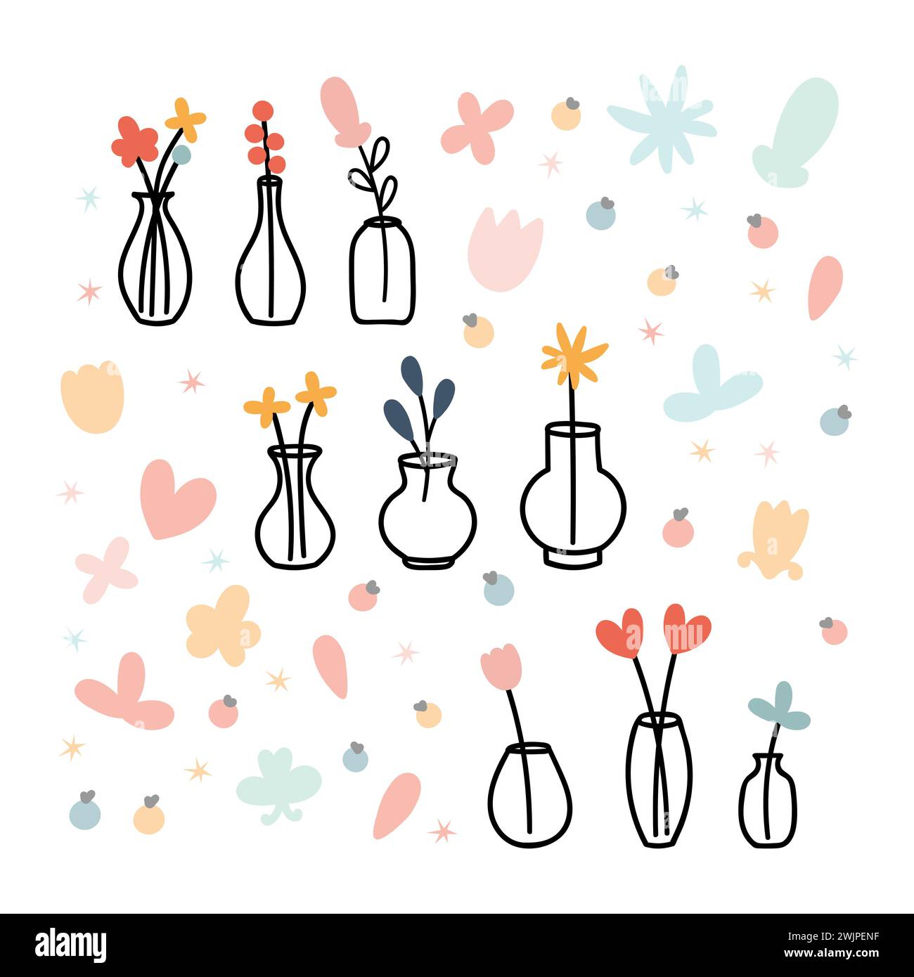 Collection of hand drawn floral vases with flowers. Decorative elements ...