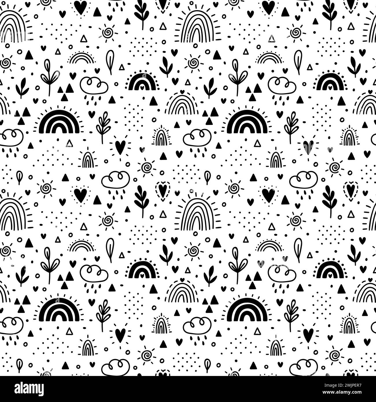 Hand drawn seamless pattern. Nursery design for kids. Childish background with rainbows. Trendy texture for fabric, textile, wrapping paper, cloth. Ve Stock Vector
