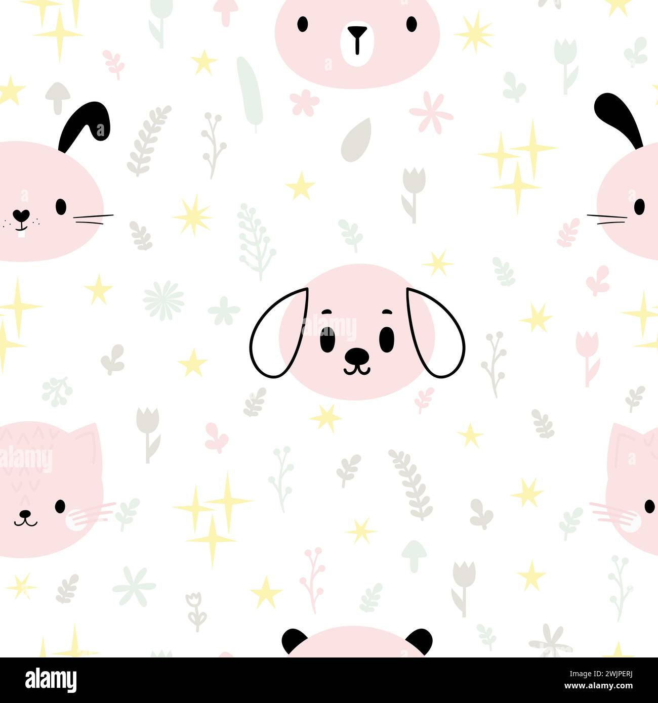 Childish seamless pattern with cute smiley animals. Pastel background. Creative baby texture for fabric, nursery, textile, clothes. Vector illustratio Stock Vector