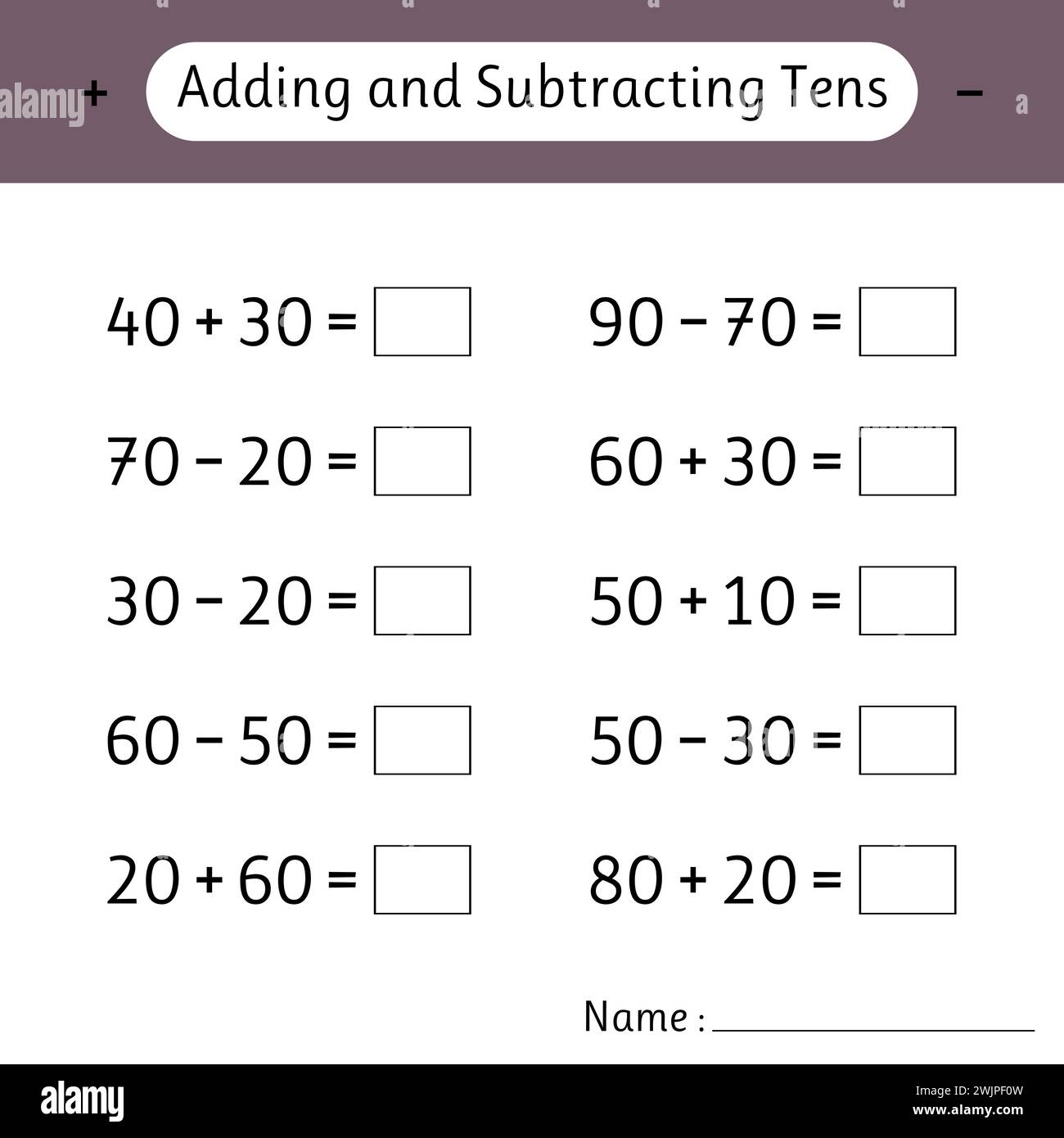 Adding and Subtracting Tens. School education. Development of logical thinking. Mathematics. Math worksheets for kids. Vector illustration Stock Vector